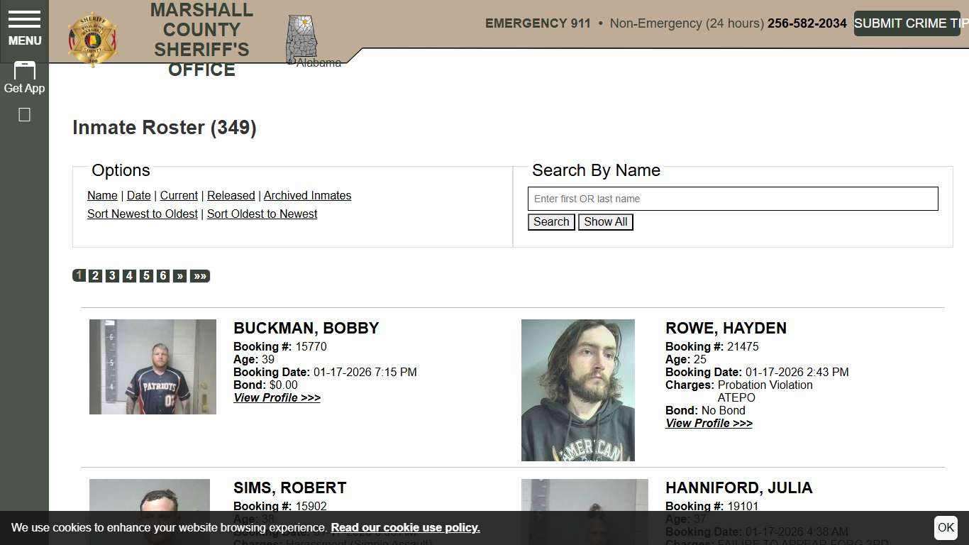 Inmate Roster | Marshall County Sheriff's Office | Sort Booking Time - Descending | Page 1