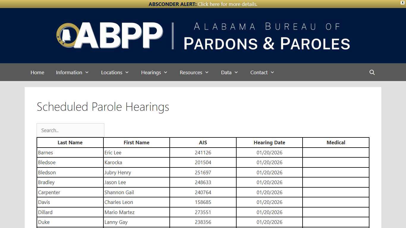 Scheduled Parole Hearings - Alabama Bureau of Pardons and Paroles
